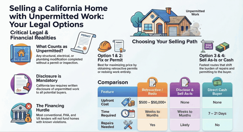 Infographic showing options for selling a California home with unpermitted work. Covers what counts as unpermitted work, California disclosure requirements, financing hurdles, and a comparison of selling options including retroactive permits, disclosing and selling as-is, and selling directly to a cash buyer. Cash sales close in 7 to 21 days with no upfront costs or repairs required.