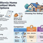 Infographic showing options for selling a California home with unpermitted work. Covers what counts as unpermitted work, California disclosure requirements, financing hurdles, and a comparison of selling options including retroactive permits, disclosing and selling as-is, and selling directly to a cash buyer. Cash sales close in 7 to 21 days with no upfront costs or repairs required.