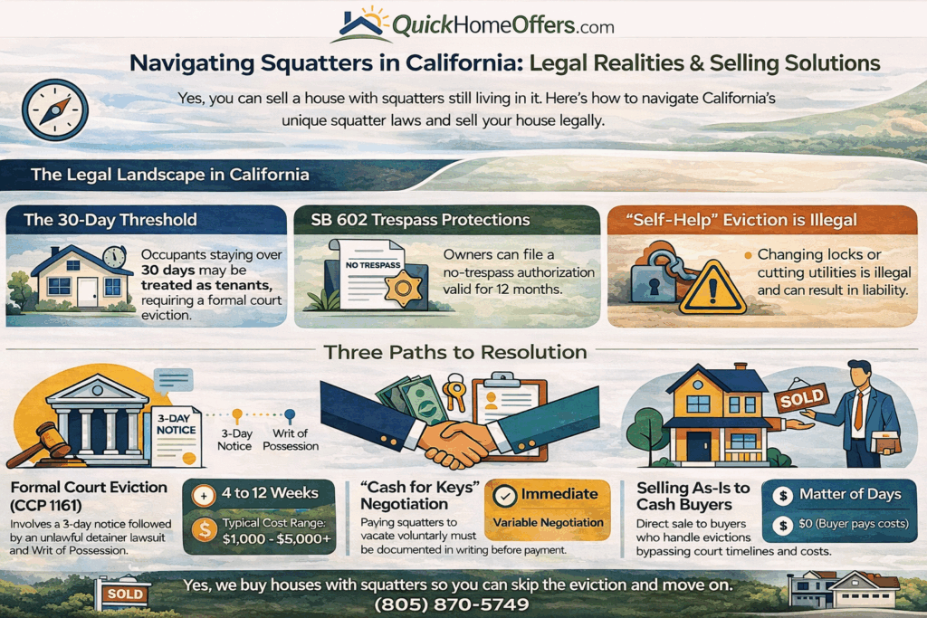 Infographic by Quick Home Offers: Navigating squatters in California. Covers the 30-day threshold, SB 602 trespass protections, self-help eviction laws, and three options — formal eviction, cash for keys, and selling as-is to a cash buyer.
