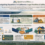 Infographic by Quick Home Offers: Navigating squatters in California. Covers the 30-day threshold, SB 602 trespass protections, self-help eviction laws, and three options — formal eviction, cash for keys, and selling as-is to a cash buyer.