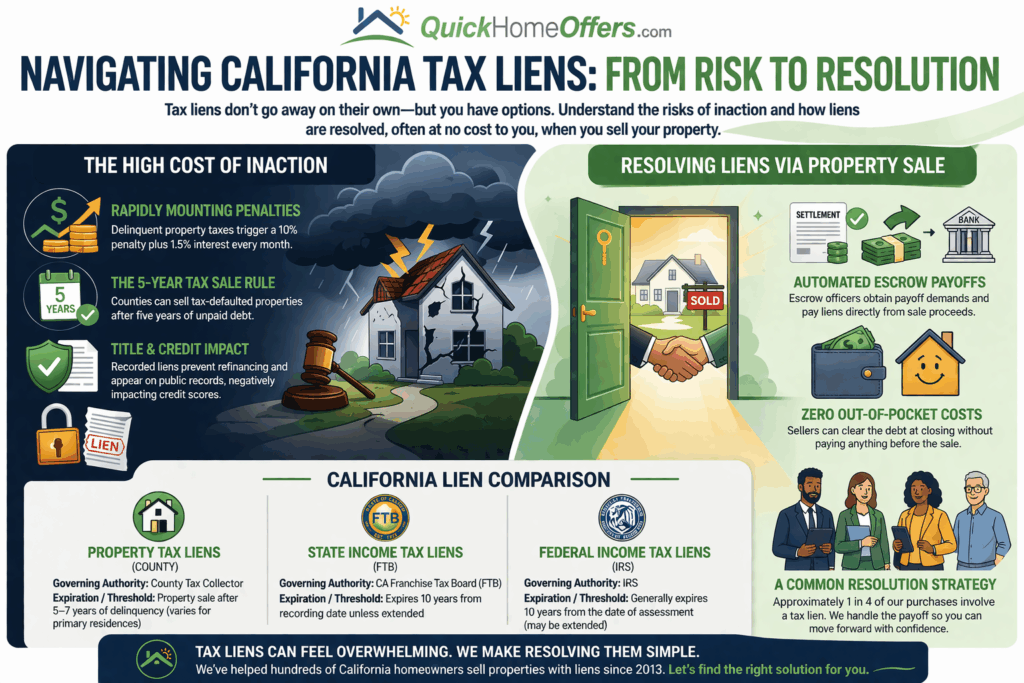 Navigating California Tax Liens Infographic explaining the process from Quick Home Offers