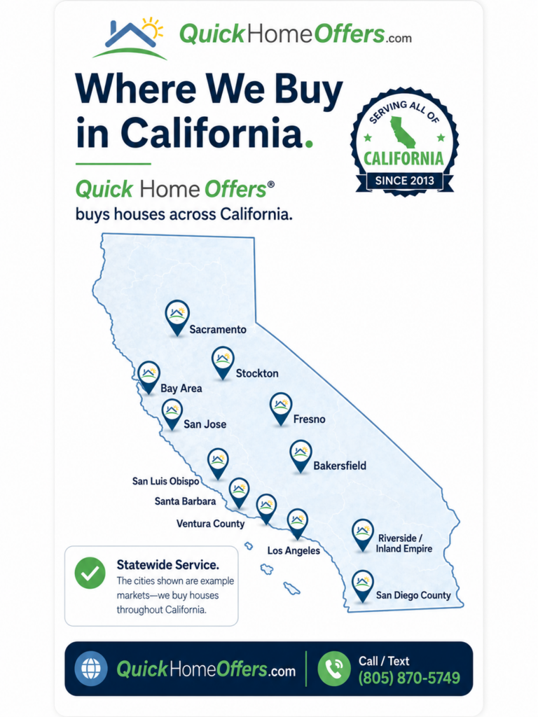 Where Quick Home Offers buys houses, multifamily, condos and land in California. Statewide, and across all major metro areas in California. From Southern California, to the central valley and central coasts, to Sacramento and the Bay Area.