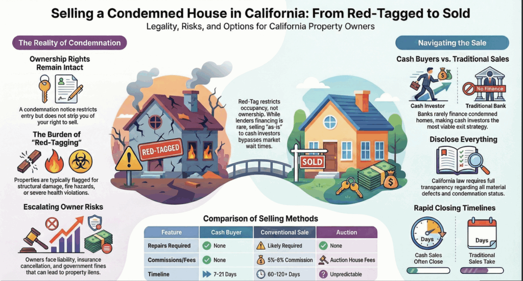 Infographic showing how to sell a condemned or red-tagged house in California. Covers ownership rights, common red-tag causes including structural damage, fire hazards and health violations, a comparison of cash buyers versus conventional sales and auctions, California disclosure requirements, and closing timelines. Cash sales close in 7 to 21 days versus 60 or more days for traditional sales.