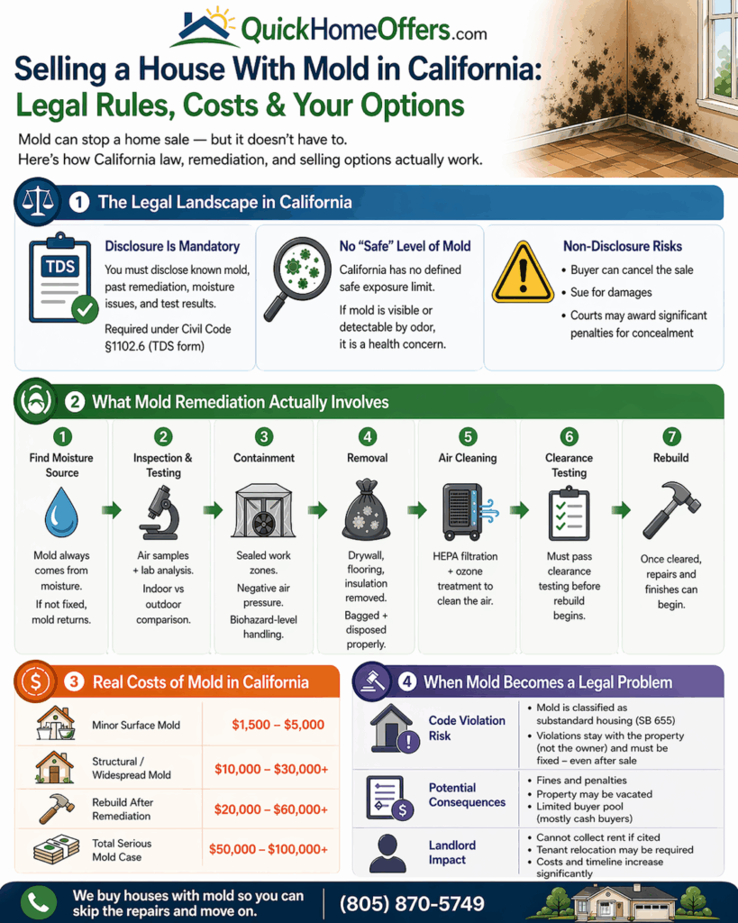 Infographic showing California mold disclosure laws, remediation process, costs, and code violation risks for home sellers" so it's descriptive for search engines.