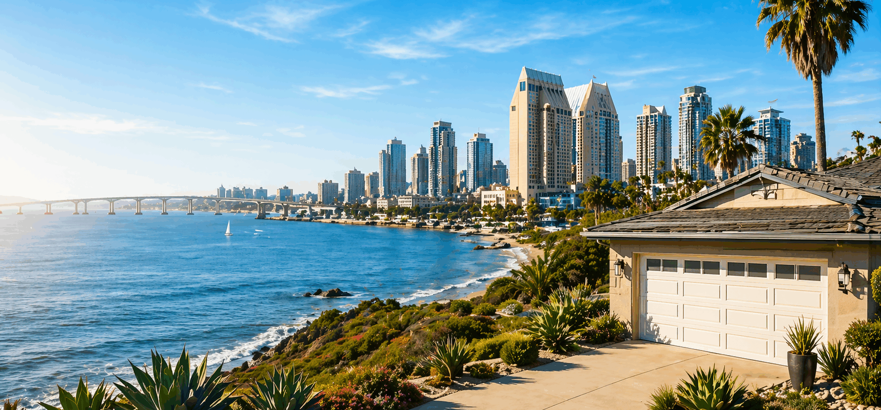 San Diego coastal skyline with oceanfront home overlooking the bay