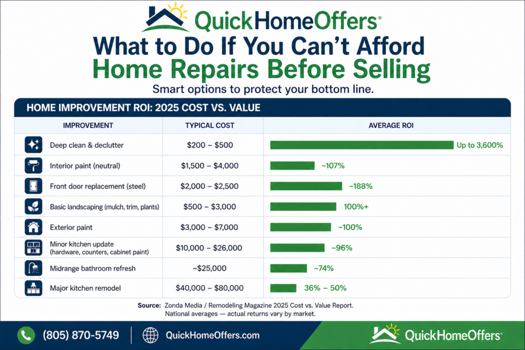 Home improvement ROI chart showing cost vs value for repairs before selling a house in California, from the 2025 Cost vs Value Report