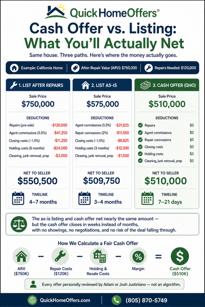 Cash Offer vs. Listing: What You'll Actually Net in California - This is an infographic going thru net proceeds for cash home sellers and 3 paths to sell.