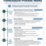 Infographic showing how the California foreclosure process works in four stages: missed payments and the 120-day servicer contact period, the Notice of Default and 90-day waiting period, the Notice of Trustee Sale recorded at least 20 days before auction, and the trustee sale where the property is sold to the highest bidder — by Quick Home Offers®