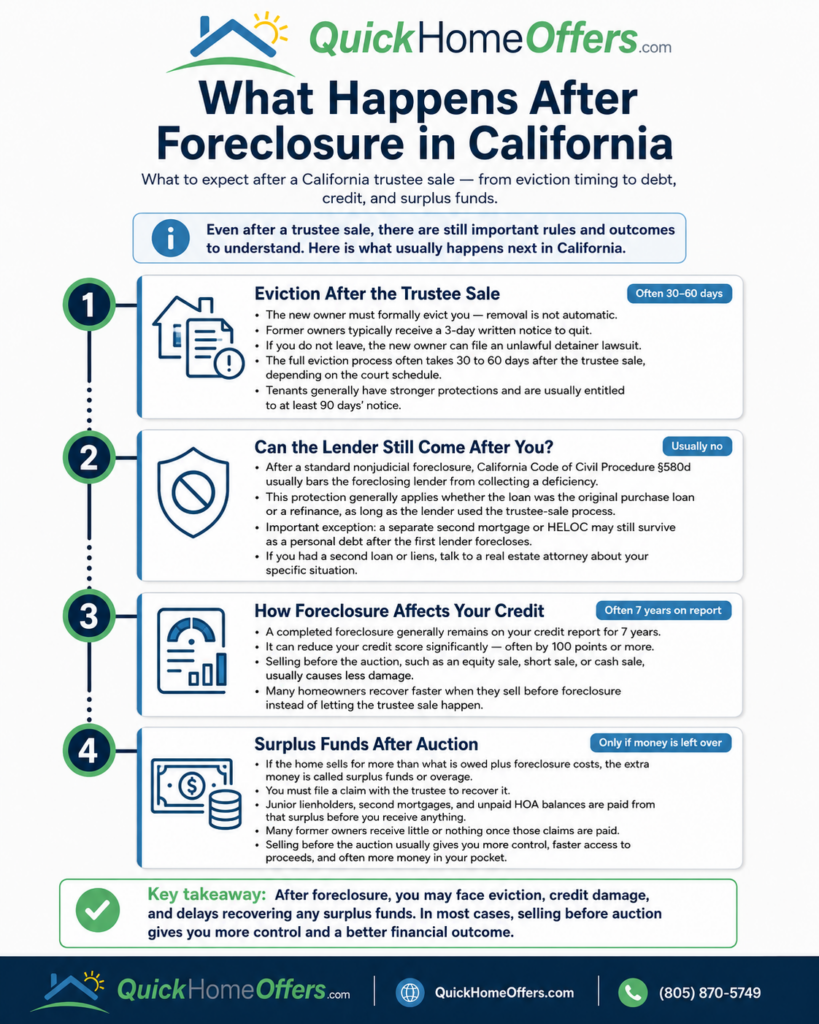 Infographic explaining what happens after a foreclosure in California in four parts: eviction timing after the trustee sale, whether the lender can pursue a deficiency under Code of Civil Procedure §580d, how a completed foreclosure stays on your credit for seven years, and how surplus funds or overage are claimed after the auction — by Quick Home Offers®