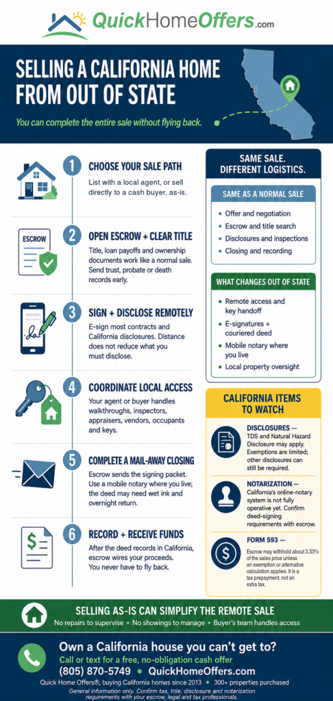 Infographic: 6 steps to sell a California home from out of state, including mail-away closing, remote notarization rules, and Form 593 withholding