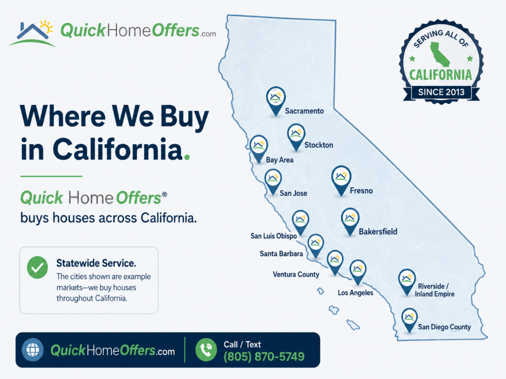 Where Quick Home Offers® buys in California. Quick Home Offers buys houses, condos, multifamily, and land statewide. This map shows where most cash, as-is purchases are taking place. 