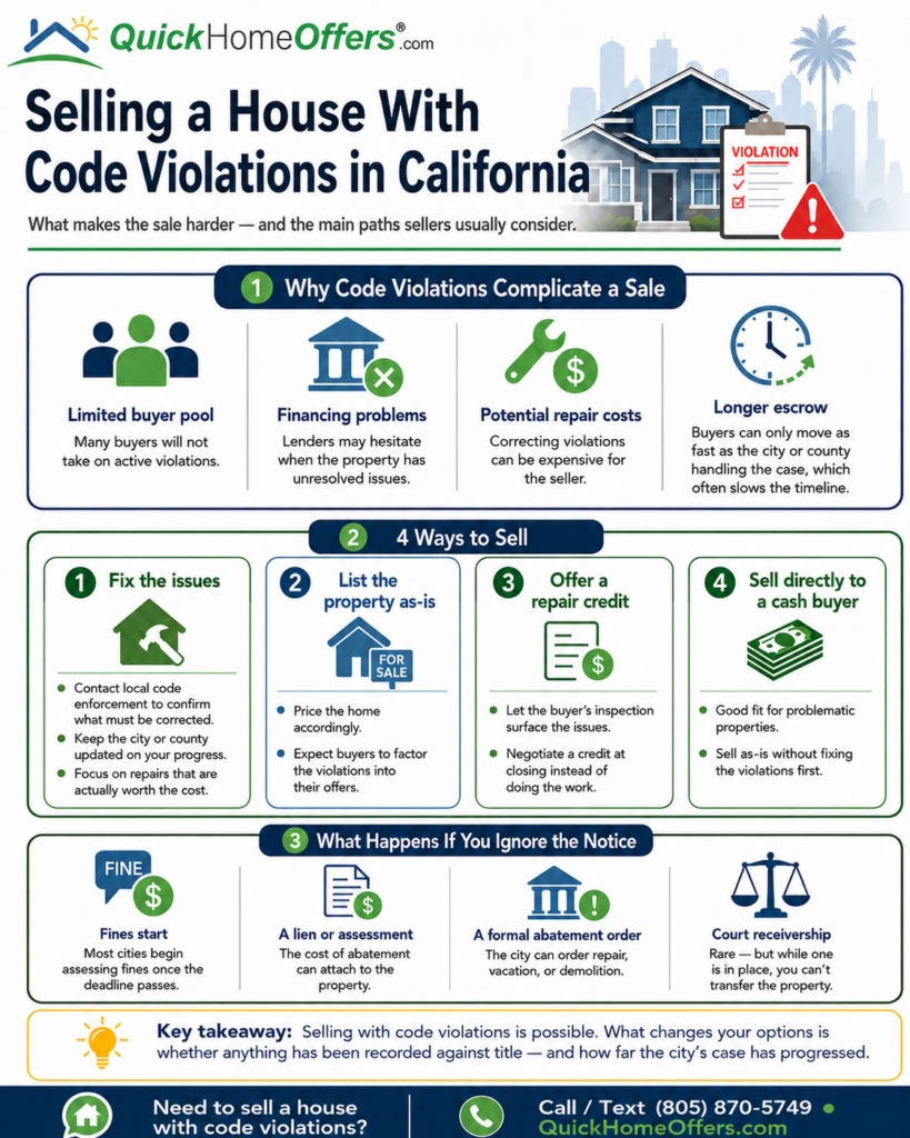 infographic on how to sell a house with code violations in california. 4 ways to sell and consequences for ignoring a code violation and when cash offers make sense