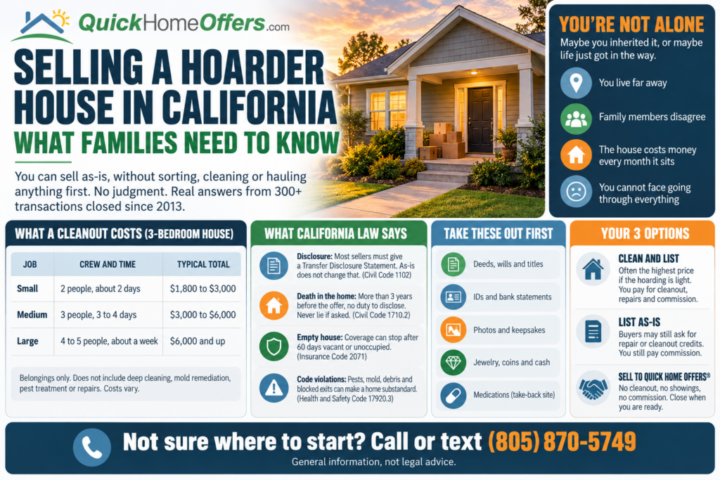 Quick Home Offers infographic about selling a hoarder house in California, including cleanout costs, California disclosure requirements, items families should save, and three ways to sell the property.