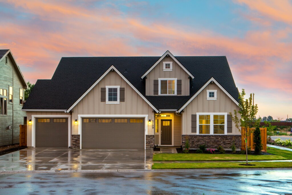 Modern suburban home at sunset