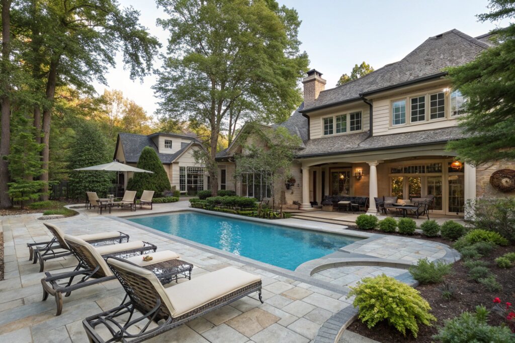 Luxury backyard swimming pool and patio