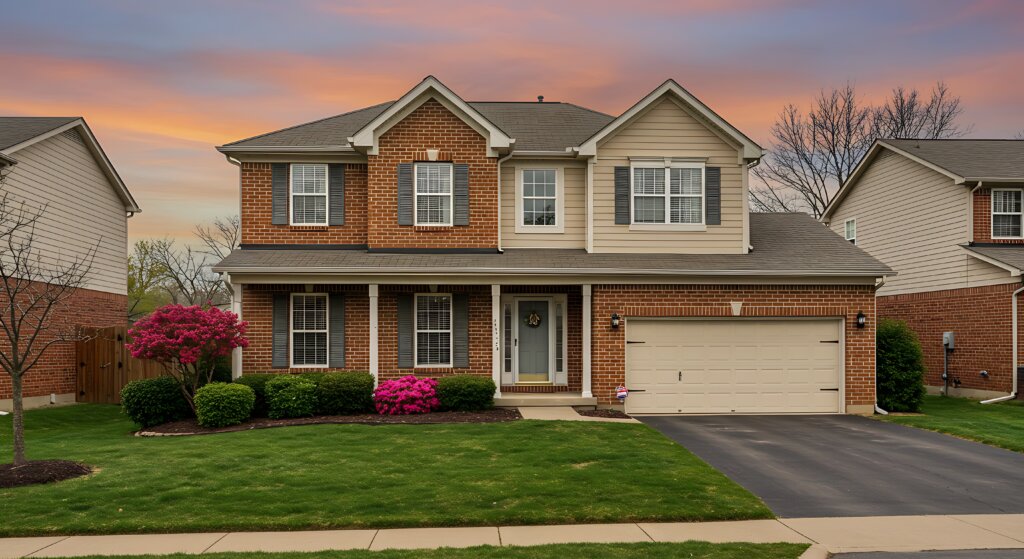 Two-story brick house with garage
