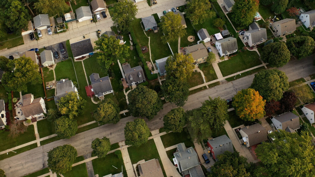 Drone view of residential neighborhood
