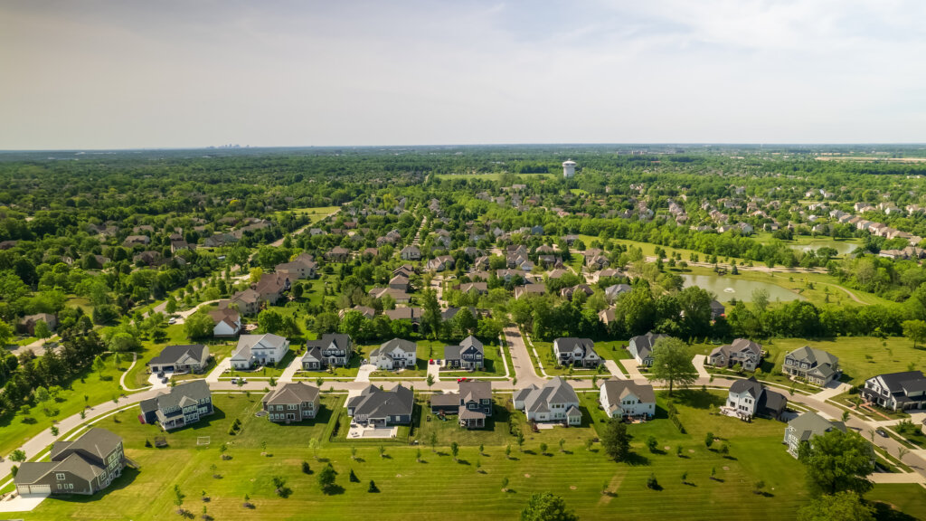 Aerial view of suburban housing community