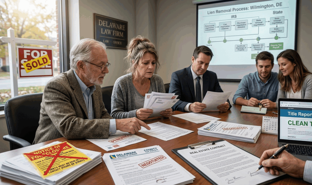 Delaware homeowner reviewing tax lien documents while preparing to negotiate IRS and state tax lien release before selling property