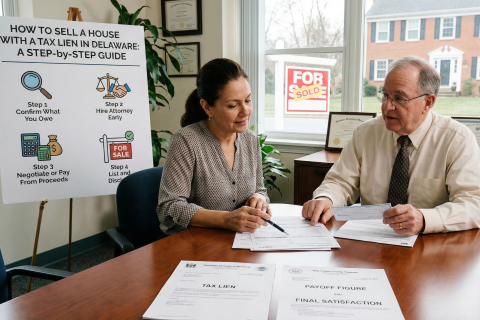 professional office setting in Delaware where a female homeowner and a male closing attorney are sitting at a wooden desk, reviewing legal paperwork.