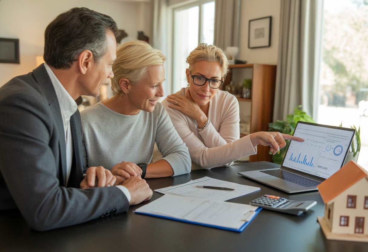A real estate agent discussing home selling options with a couple in a home office.