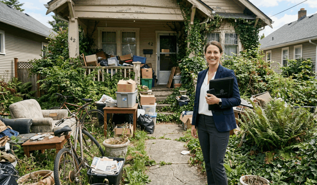 A real estate agent standing in front of a cluttered house with overgrown plants and stacked items near the entrance.