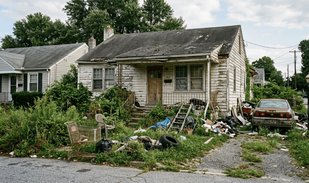hoarder house code violations Delaware exterior clutter overgrown yard inspection trigger