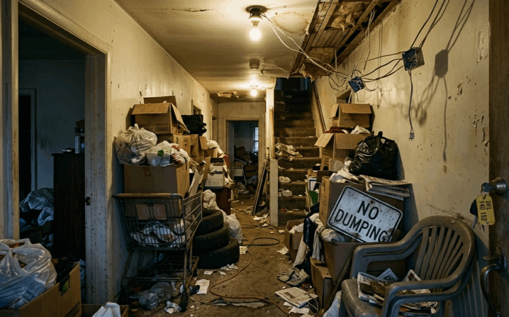 hoarder house code violations Delaware blocked exits fire safety hazard cluttered hallway