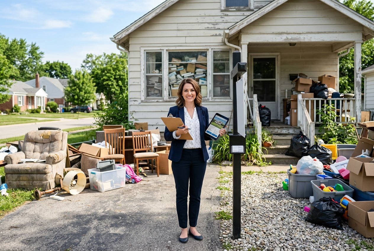 A real estate agent stands outside a cluttered house with visible items around the yard, holding a clipboard and tablet.
