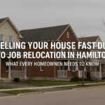 Header image showing Hamilton, Ontario suburban houses with text overlay about selling your house fast due to job relocation.