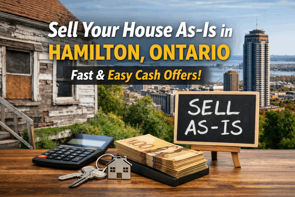 Sell your house as-is in Hamilton, Ontario image showing a distressed home, Hamilton skyline, and cash offer concept for homeowners selling without repairs