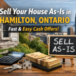 Sell your house as-is in Hamilton, Ontario image showing a distressed home, Hamilton skyline, and cash offer concept for homeowners selling without repairs