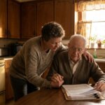 Adult child helping elderly parent review long-term care paperwork in Hamilton Ontario home