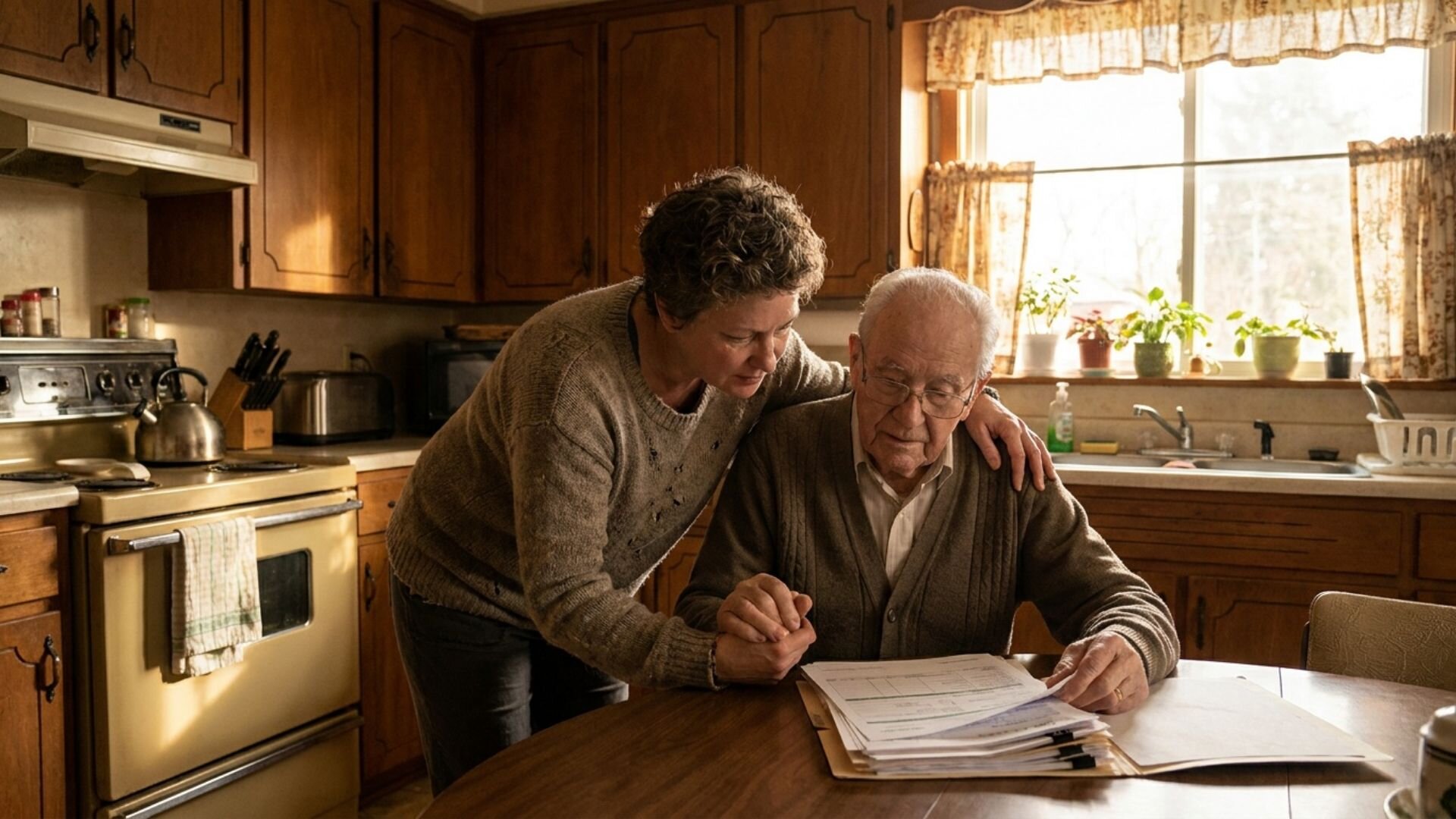 Adult child helping elderly parent review long-term care paperwork in Hamilton Ontario home