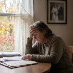 Grieving homeowner reviewing estate documents at a kitchen table in a Hamilton Ontario home