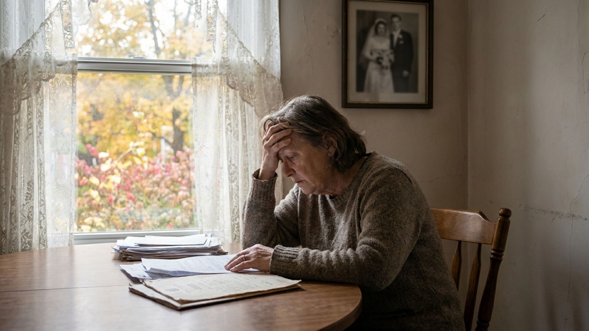 Grieving homeowner reviewing estate documents at a kitchen table in a Hamilton Ontario home