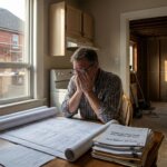 Hamilton homeowner reviewing building permit documents and renovation blueprints at kitchen table
