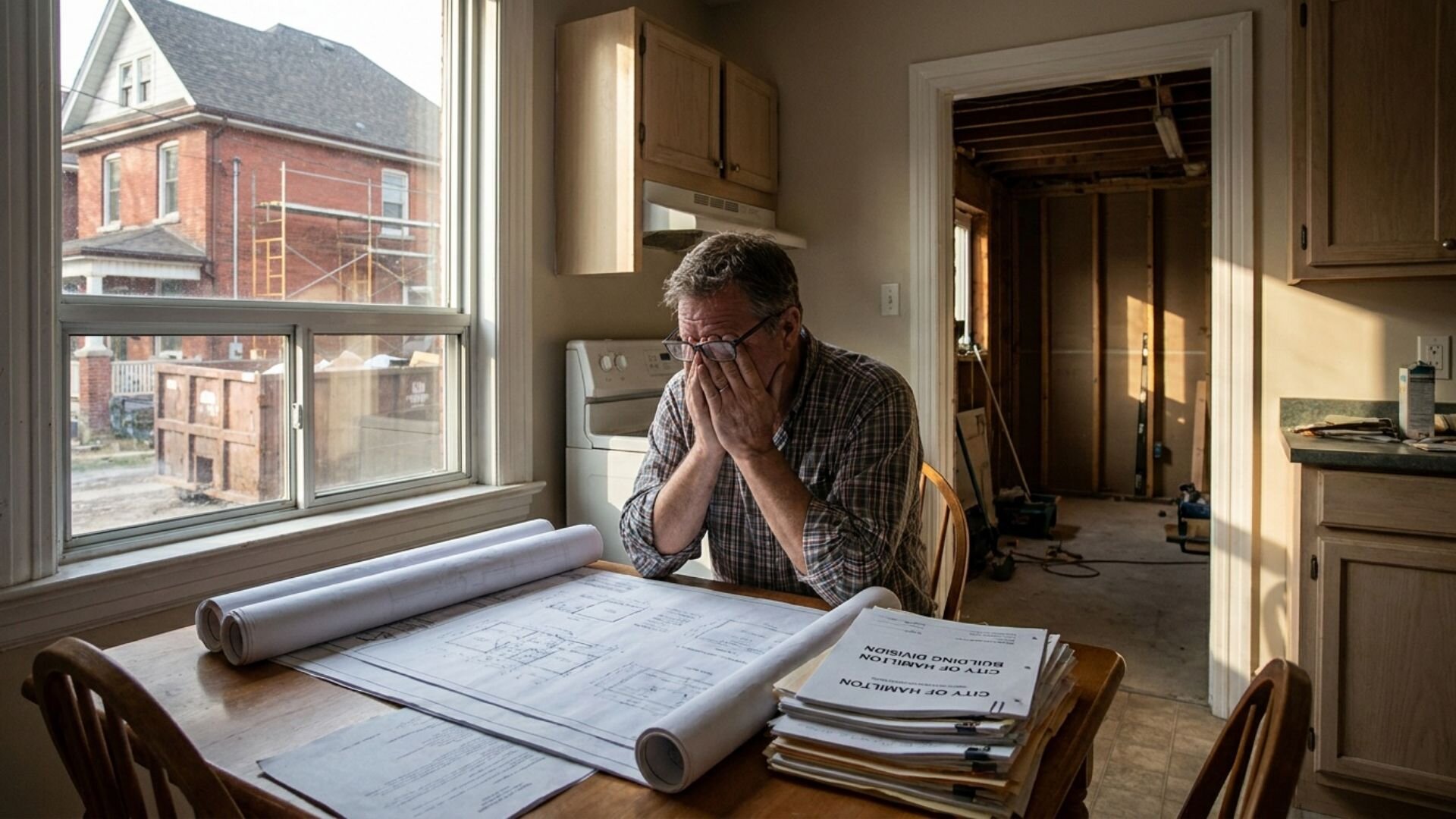Hamilton homeowner reviewing building permit documents and renovation blueprints at kitchen table