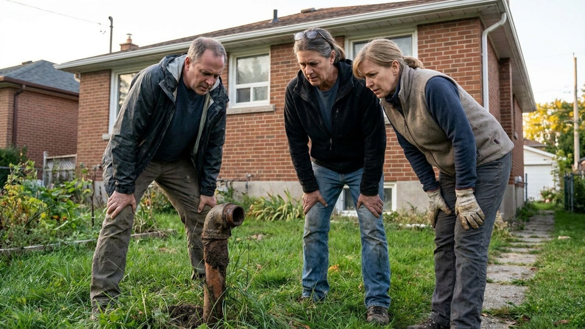 A worried homeowner looking at an old oil tank vent pipe in the backyard of a Hamilton Ontario home