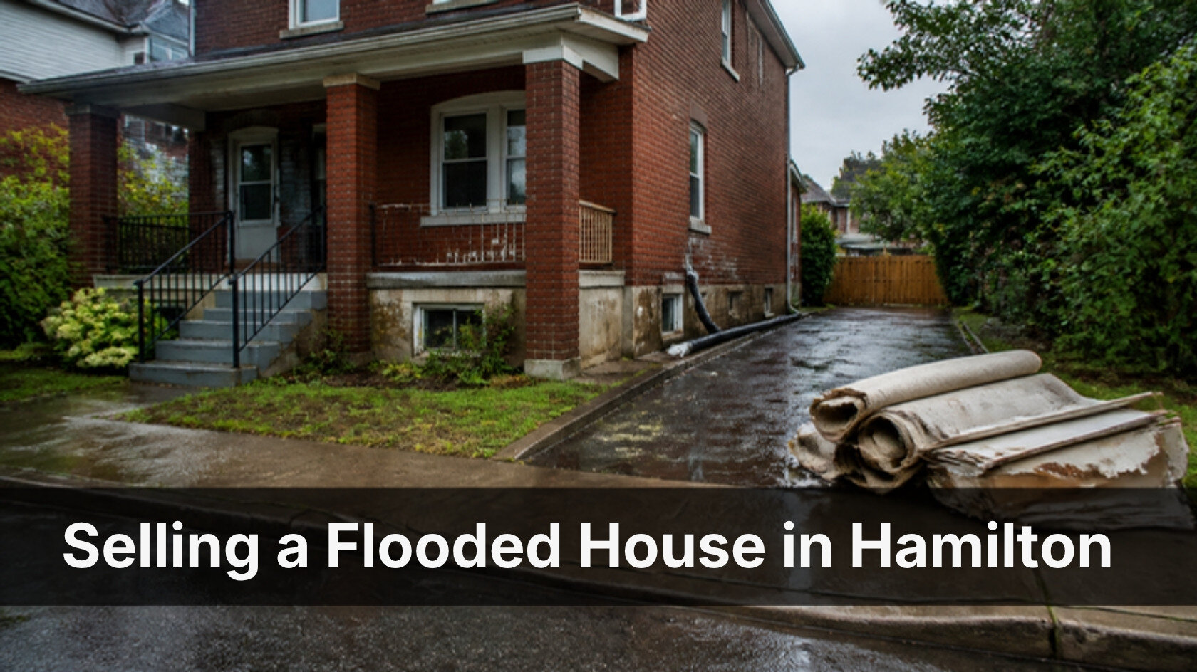 Older brick house in Hamilton, Ontario after a basement flood, title card reading Selling a Flooded House in Hamilton
