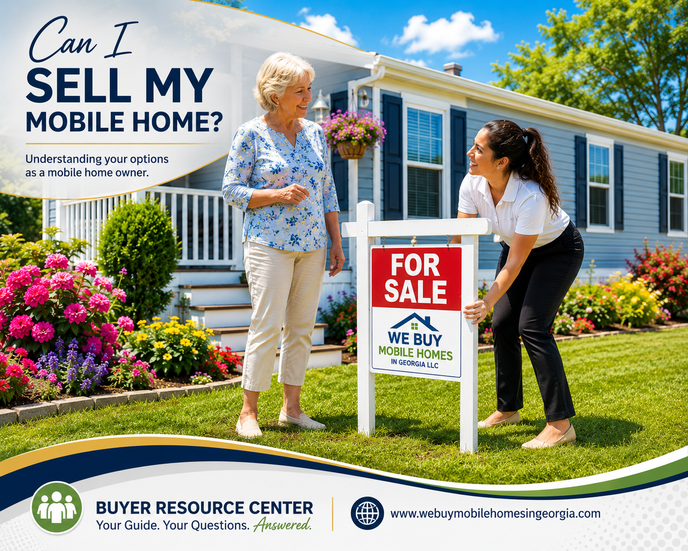 A realtor installs a For Sale sign while speaking with a homeowner in front of a beautifully maintained single-wide mobile home, illustrating that homeowners can sell their mobile home.