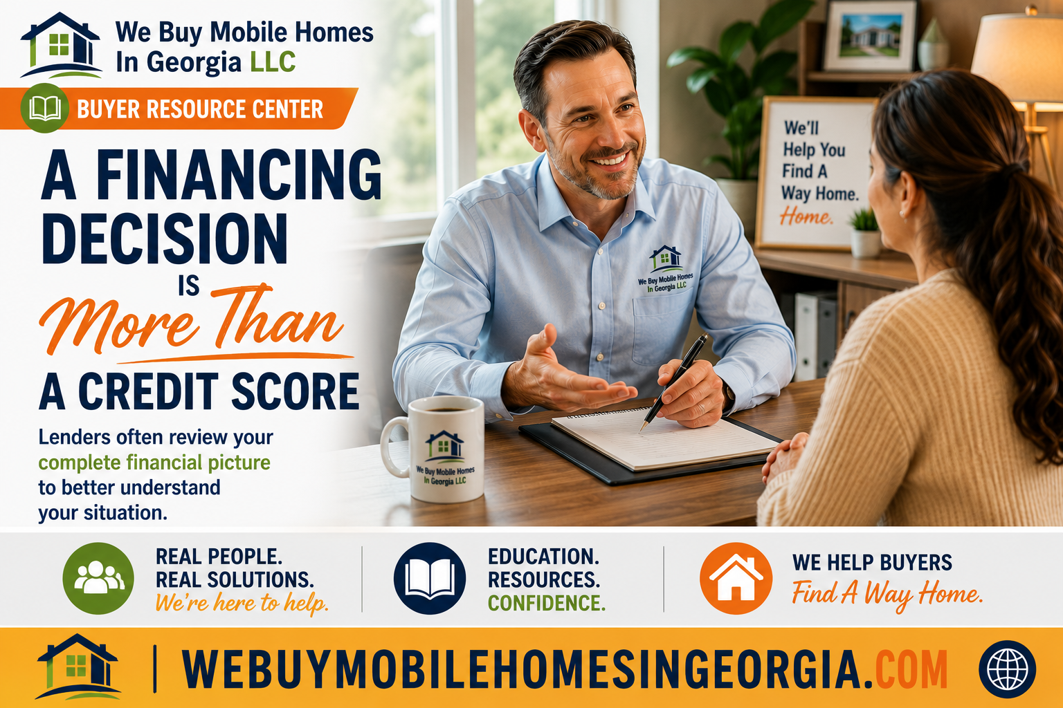 Loan officer meeting with a buyer to explain that financing decisions involve much more than a credit score.