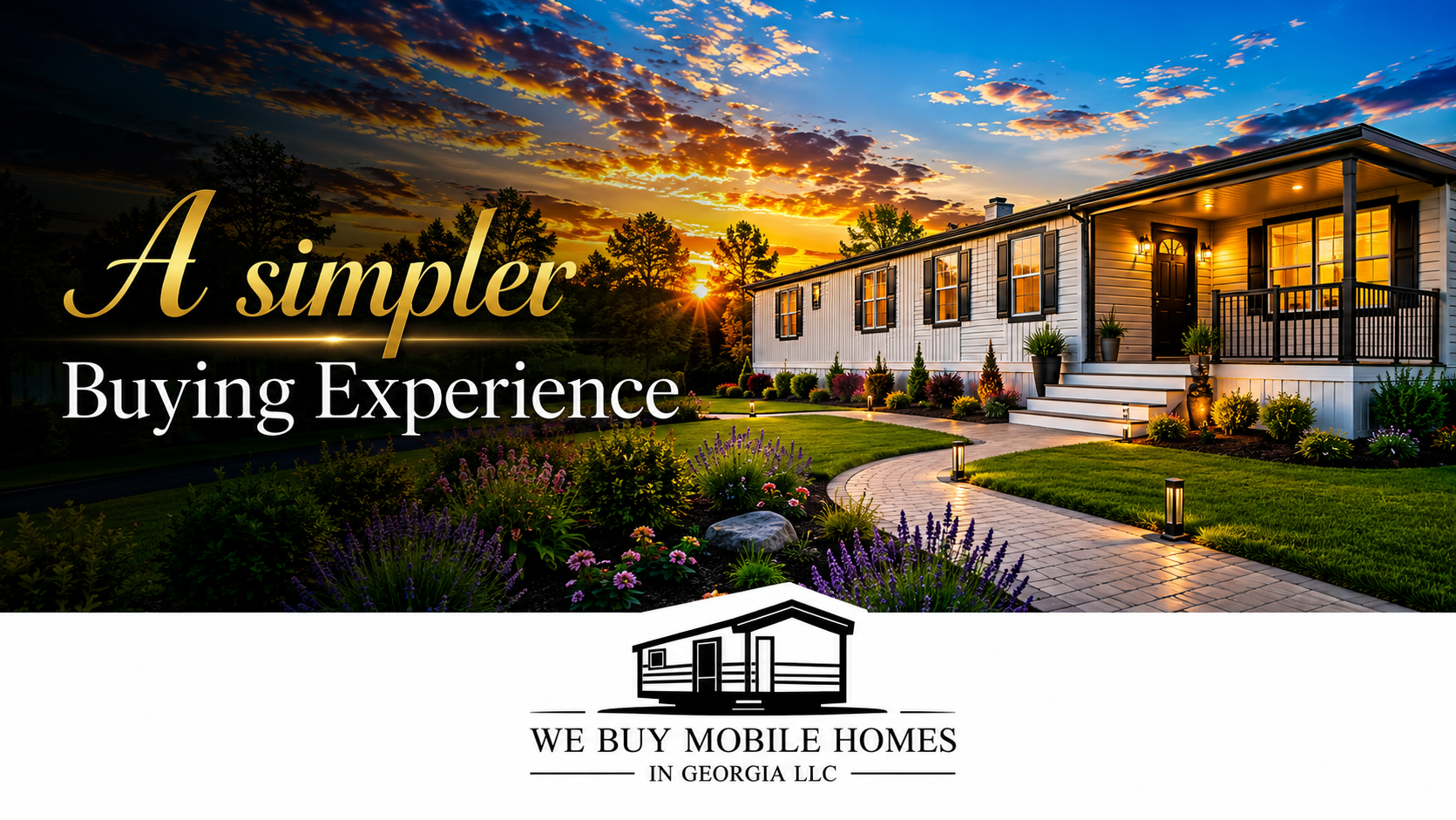 A Simpler Buying Experience banner featuring a beautifully landscaped mobile home at sunset with the We Buy Mobile Homes In Georgia LLC logo.
