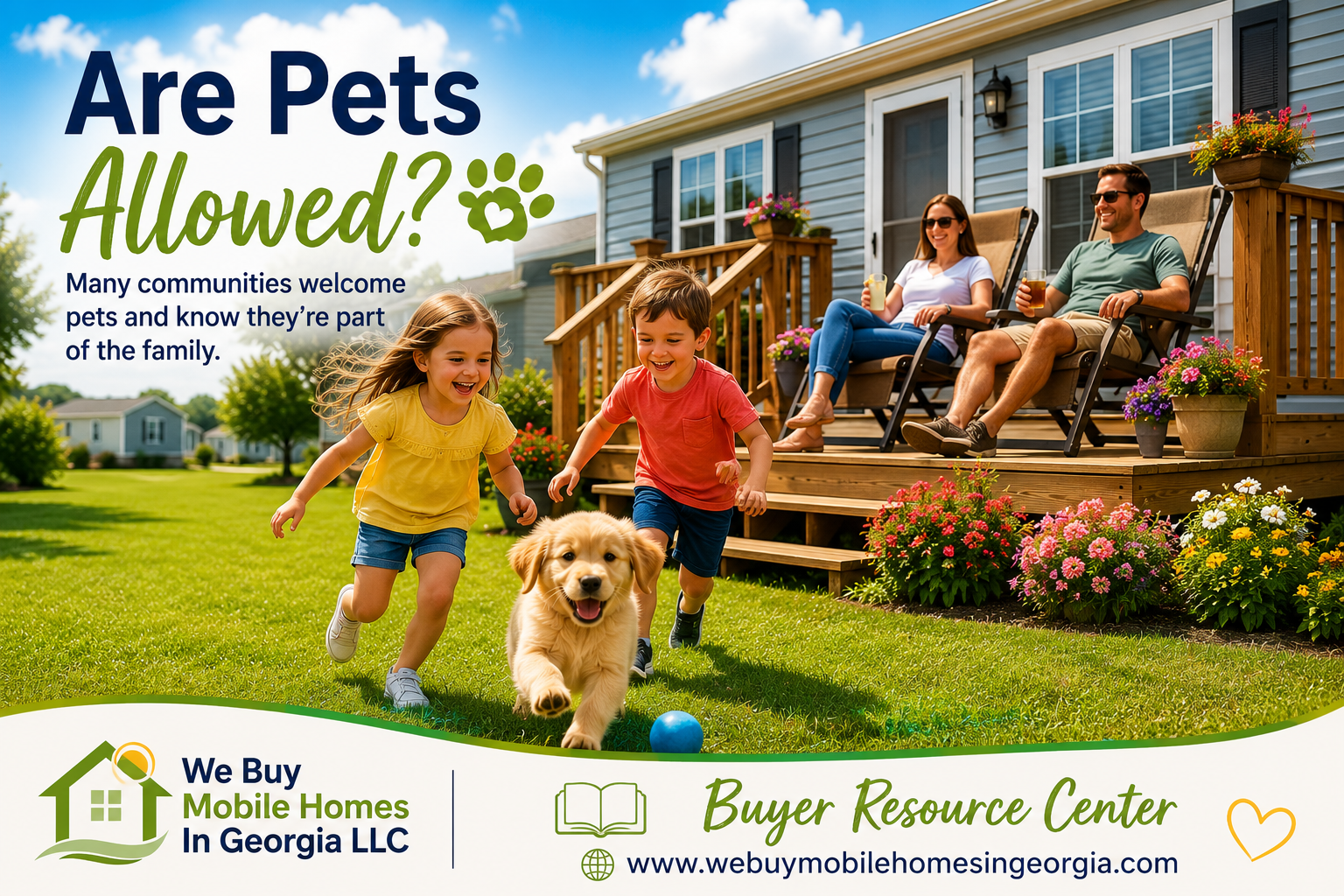Family relaxing outside their mobile home with their dog in a pet-friendly mobile home community.