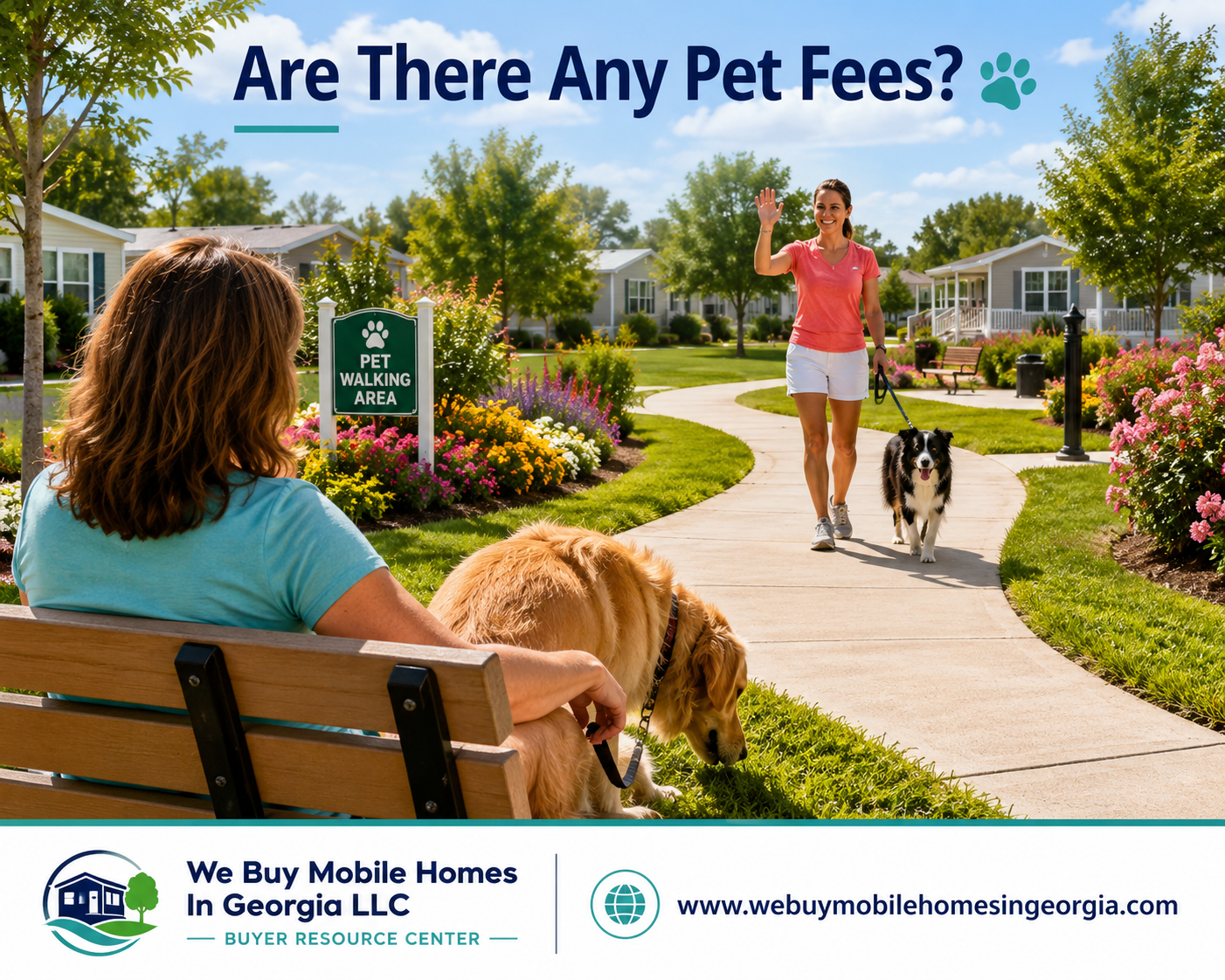 Mobile home buyer discussing pet fees and community pet policies with a community representative.