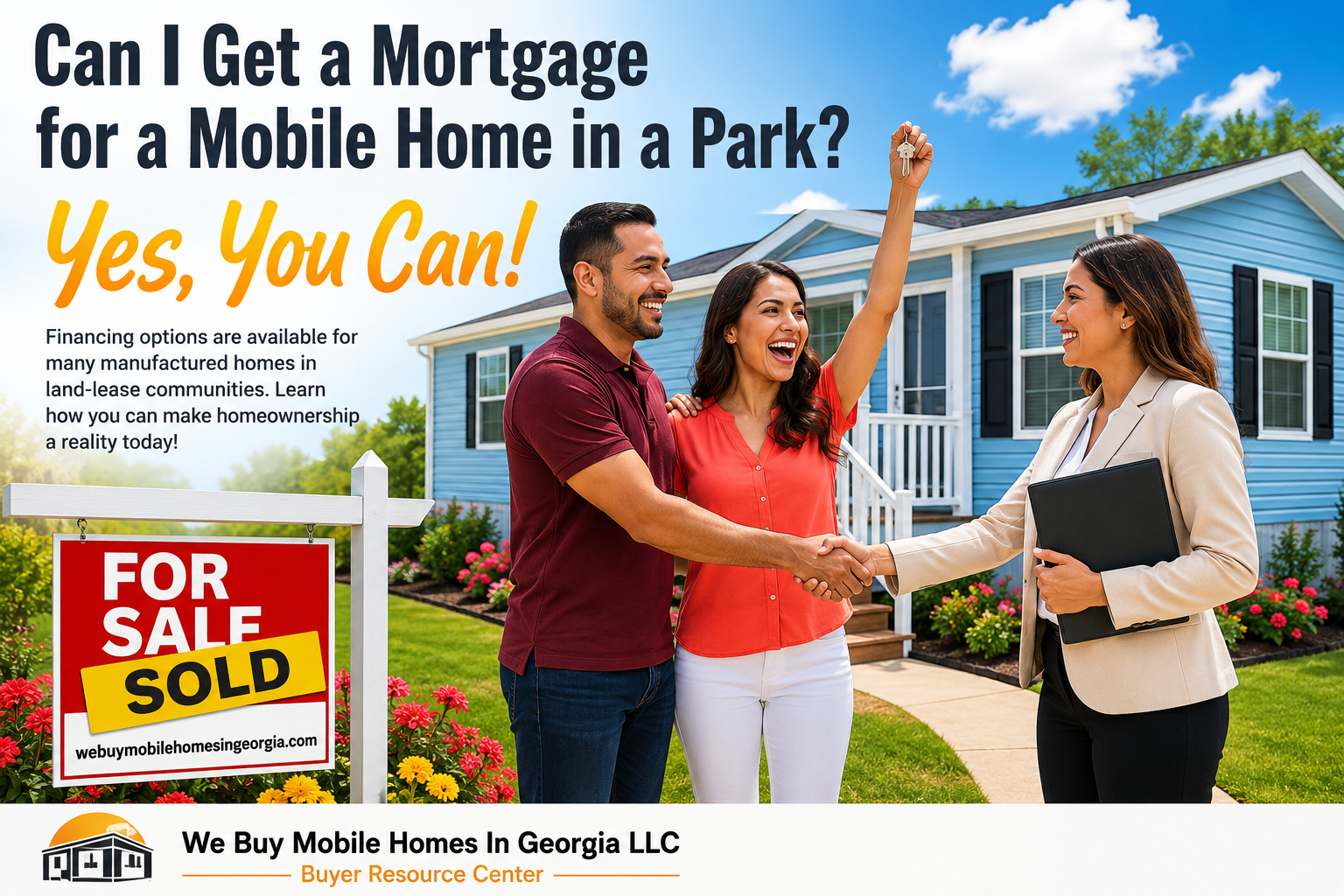 Couple standing outside a manufactured home after qualifying for financing in a land-lease community.