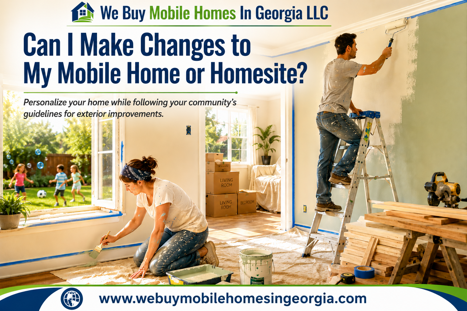 Homeowners painting the interior of their mobile home while personalizing their new home with bright colors and natural sunlight.