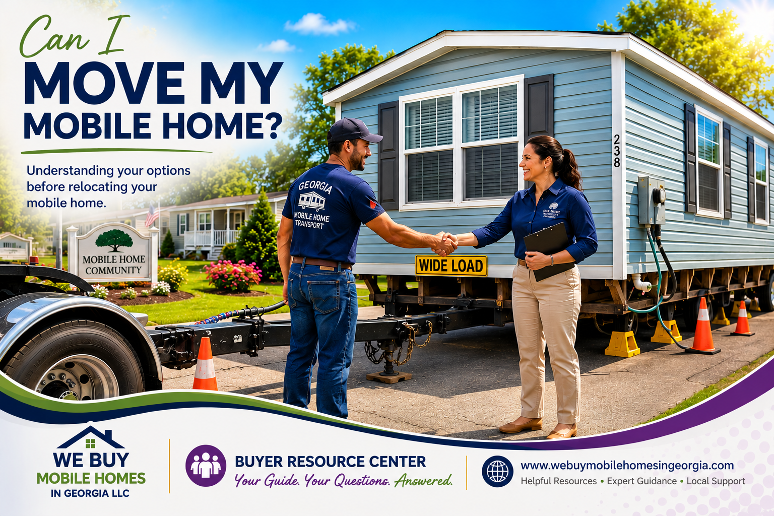A professional mobile home mover shakes hands with a community manager beside a single-wide mobile home prepared for transport, illustrating that relocating a mobile home requires planning and coordination.