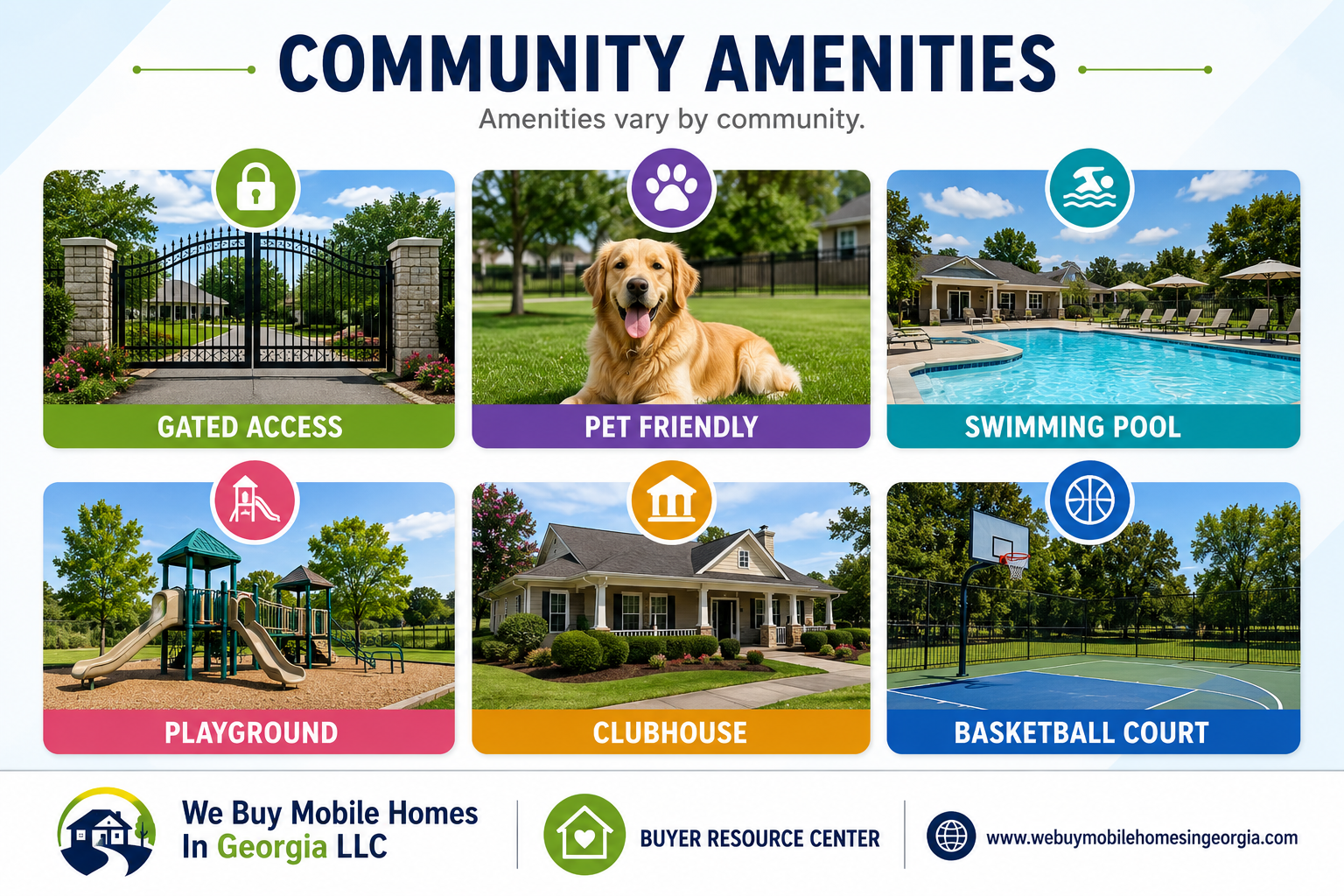 Illustration showing common amenities available in many mobile home communities including playgrounds, pools, clubhouses, basketball courts, picnic areas, and walking paths.