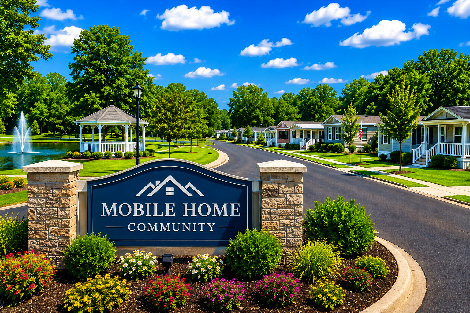 Entrance to a well-maintained mobile home community with landscaped grounds, community amenities, and manufactured homes.